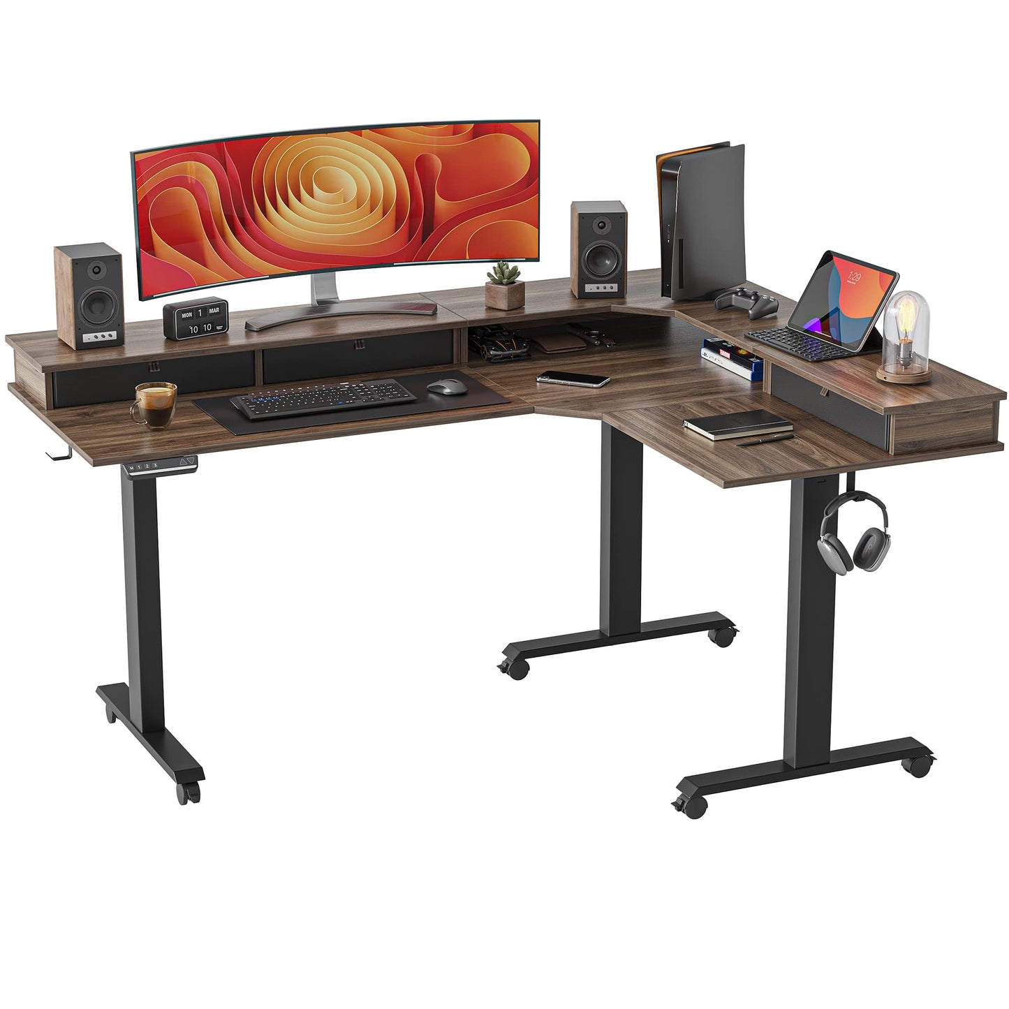 FEZIBO Triple Motor 63" L Shaped Standing Desk with 3 Drawers, Electric Gaming Desk Adjustable Height, Corner Stand up Desk with Splice Board, Black Frame/Black Walnut Top