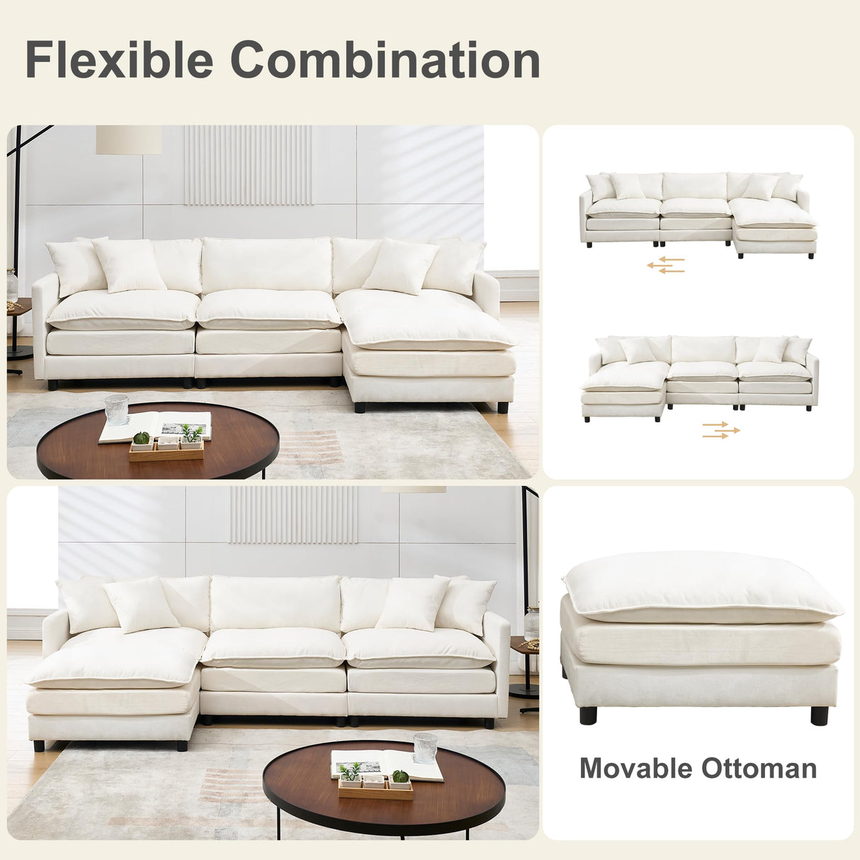Modular Convertible Sectional Couch, 4 Seat L Shaped Sofa Reversible Chaise Sectional Sofa Deep Seat Cloud Couch Chenille for Home, Apartment, Dorm (Cream White, L Shaped) PEIHONGET