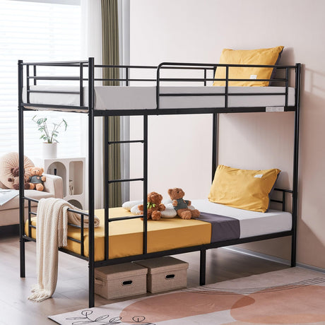 Karl home Black Bunk Bed Twin Over Twin, Metal Bunk Bed with Built-in Ladder and Safety Guardrail, Space-Saving Twin Bunk Beds for Kids, Teens & Adults, No Box Spring Karl home