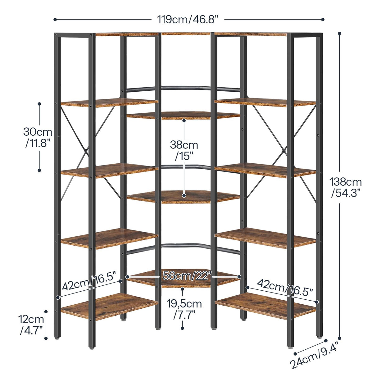 HOOBRO Industrial Corner Bookshelf, 5-Tier L-Shaped Bookcase, Open Display Storage Rack, Floor Standing Storage Shelf, for Living Room, Bedroom, Home Office, Rustic Brown and Black BF68SJ01 HOOBRO