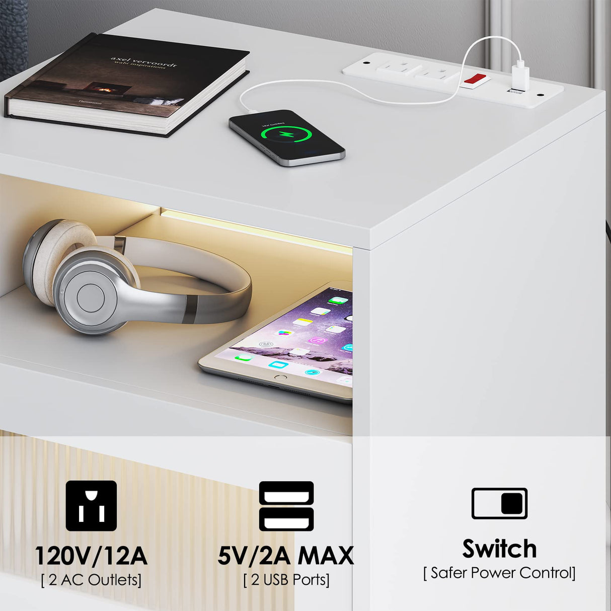 Saudism White Nightstand with Charging Station, End Table with Glass Drawers, Night Stand with LED Lights, Wood Bedside Tables for Bedroom, 15.7”×13.7”×23.8” Saudism