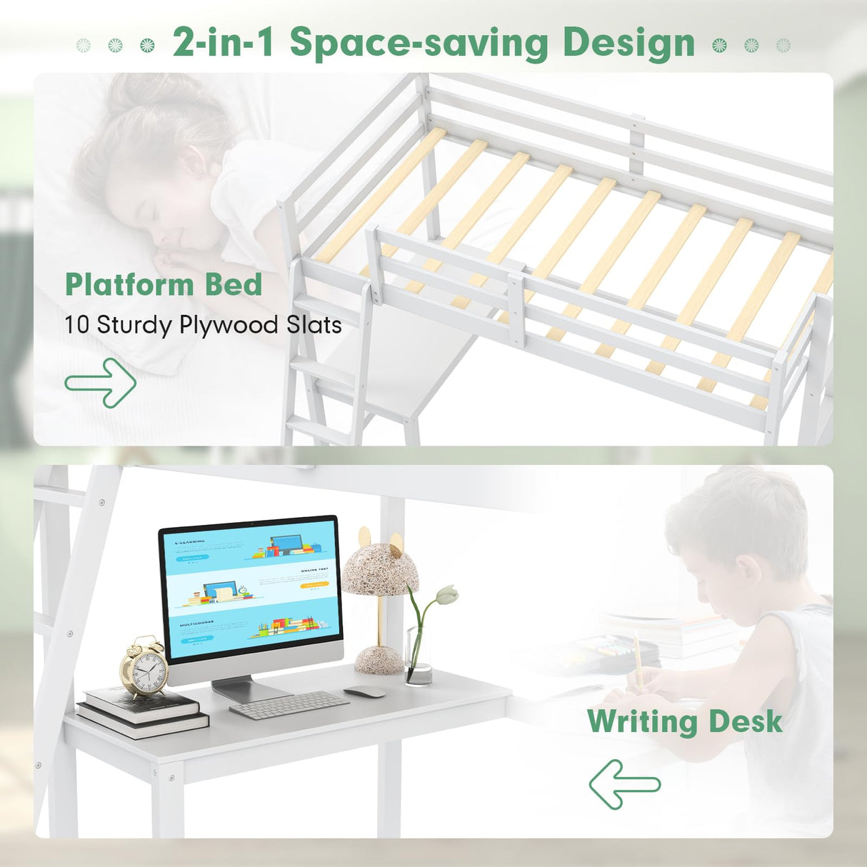 Giantex Twin Size Loft Bed with Desk, Solid Wood Loft Bed with 2 Ladders & Full Length Guardrail, Modern Space-saving Twin Bed Frame for Kids Teens Adults, No Box Spring Needed (White) Giantex