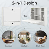 Tangkula Wall Mounted Desk, Folding Wall Table Floating Desk Wall Mount Laptop Desk, Space Saving Wall Mounted Table Wall Desk with Storage Drawer & Shelves (White) Tangkula