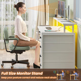 SEDETA White Computer Desk with 5 Drawer & Power Outlet, 66'' Home Office Desk with File Drawer, Storage Shelves, Printer Cabinet and Monitor Shelf, Gaming Desk with Led Lights SEDETA