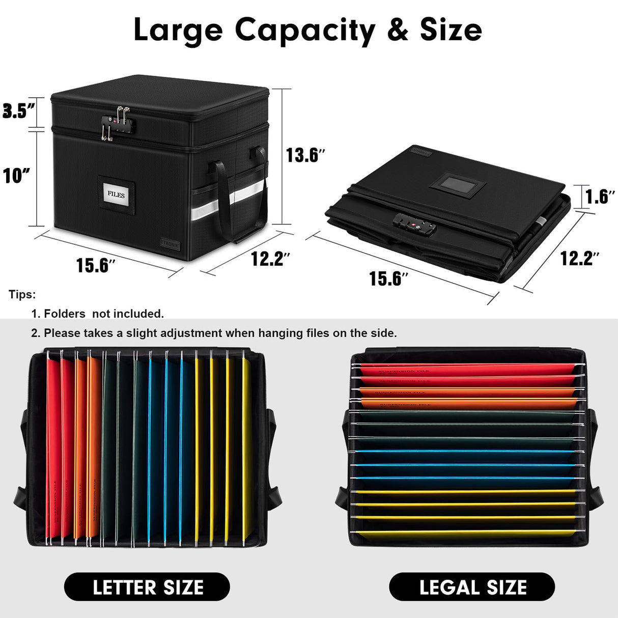 Fireproof Document Box with Lock, ETRONIK 2 Layer File Organizer with 5 Tab Inserts, Portable Office Collapsible File Storage with Reflective Strip for Hanging Letter, Legal Size Folder, Certificate ETRONIK