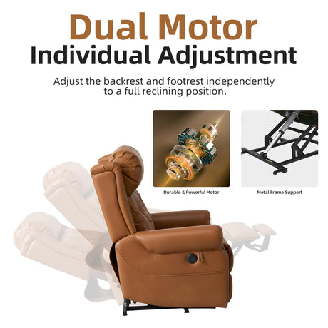 RUTOX Large Power Lift Recliner Chair for Elderly, Lay Flat Lift Chair with Adjustable Headrest, Leather Recliner Lift Chairs with Massage and Heat, Infinite Position,Extended Footrest, Camel RUTOX