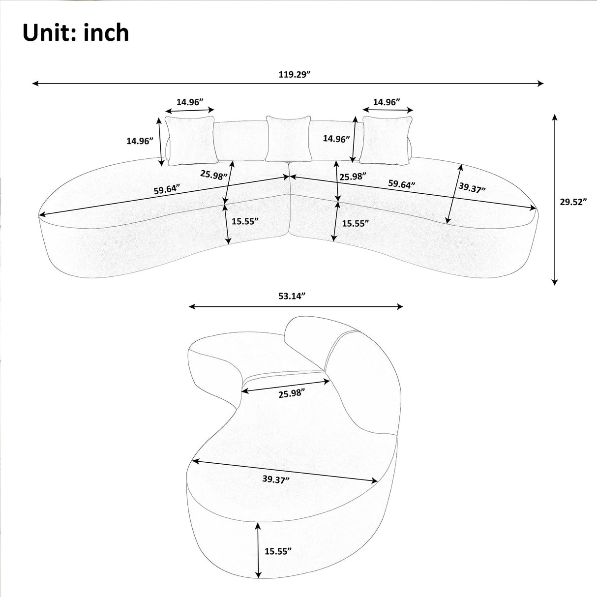 BAMOOLI 119'' Curved Sofa Couch, Mid Century Modern Half Moon Living Room Sofa, Luxury 4-Seat Sofa Couch with High-Density Foam Filled, Sherpa Lamb Fabric Sectional Sofa for Apartment, Office, Orange BAMOOLI