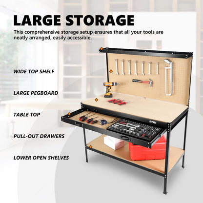 DNA MOTORING Work Table with Pegboard, 47.2''x23.6'' Work Table with Pull-Out Drawers & Lower Open Shelves, 220LBS Capacity, 12PCS Tools Hooks, Wood Tool Bench for Garage, Workshop, TOOLS-004 - WoodArtSupply