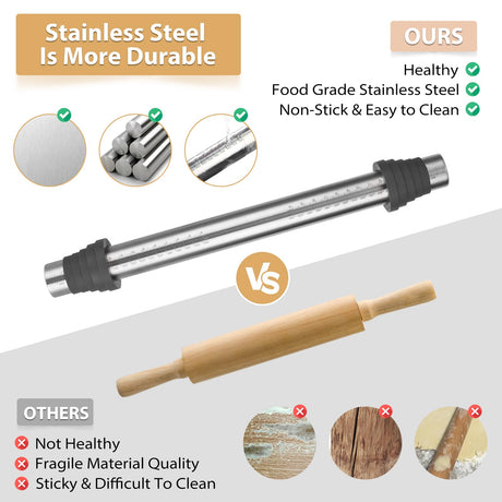 Adjustable Rolling Pin with Thickness Rings for Baking -Non Stick Stainless Steel Dough Roller Pin with Bands for Cookie,Wood,Wooden and Bread (Grey, 15.8 '') Folksy Super Kitchen