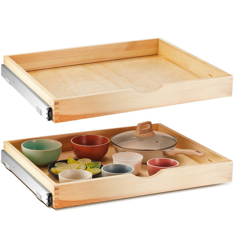 Menkxi 2 Set Pull out Tray Cabinet Organizer Wooden Pull out Drawers Organizer Slide out Pantry Shelf for Base Cabinet Kitchen Gentle Close Fully Assembled Storage Accessories(27'' X 21'' X 3") Menkxi