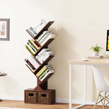 Vagusicc Tree Bookshelf, 6 Tier Bookshelf with Storage, Tall Narrow Bookcase, Rustic Wood Book Storage Rack for CDs/Books, Small Book Organizer Shelves for Bedroom Living Room, Home Office, Brown Vagusicc