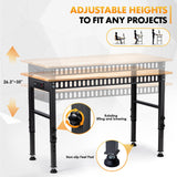 48" Height Adjustable Workbench, 2000 LBS Load Capacity Rubber Wood Top Workstation with Power Outlet and Foot Pads, Heavy-Duty Hardwood Worktable for Garage Workshop (with foot pads and socket,48'') GVGBUK