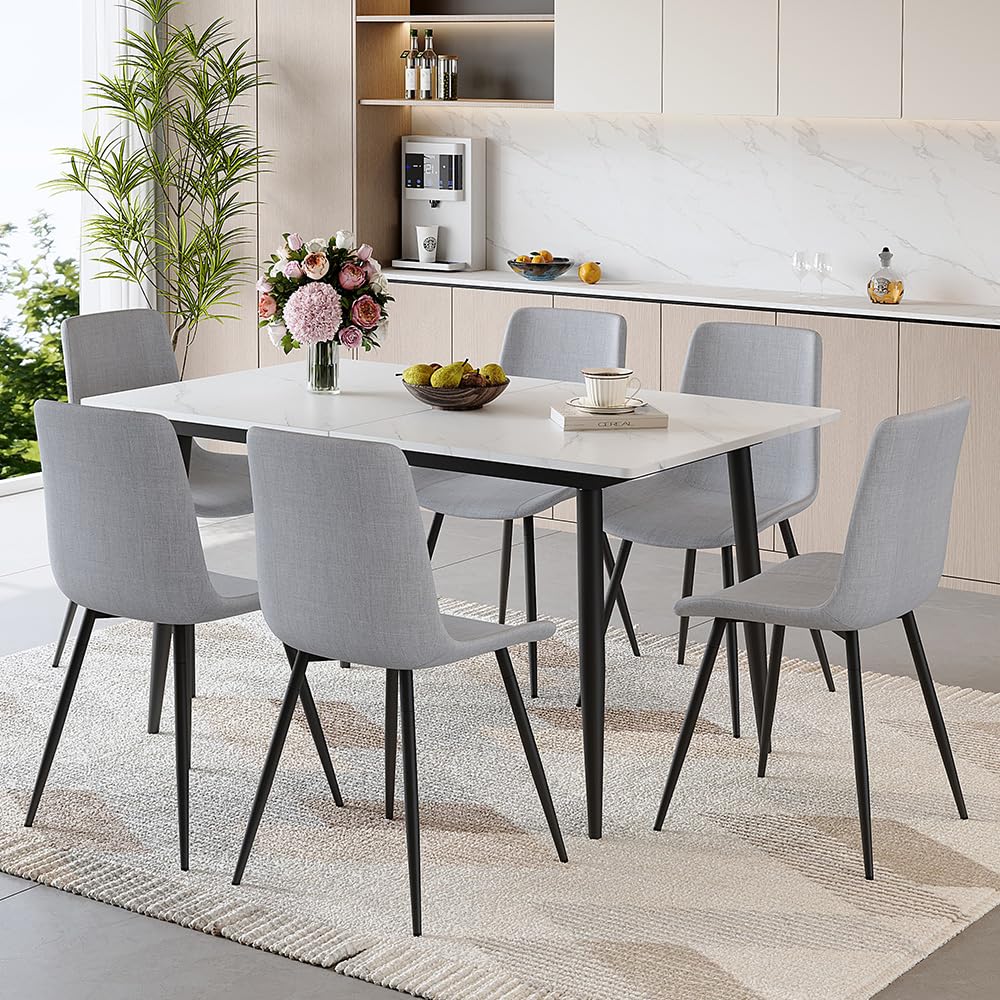FURNITO 7 Piece Dining Table Set, 59"-75" Extendable Dining Room Table Set with 6 Upholstered Chairs, White Kitchen Table Chairs Set for Living Room, Apartment, Easy to Assemble FURNITO