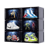 SINUOLIN Shoe Box Shoe Storage Organizer 2024 NEW 6 Pack LED Clear Plastic Stackable Side Drop Front Display Foldable Sneaker Containers Bins Fit up to Size 12 (Black) SINUOLIN