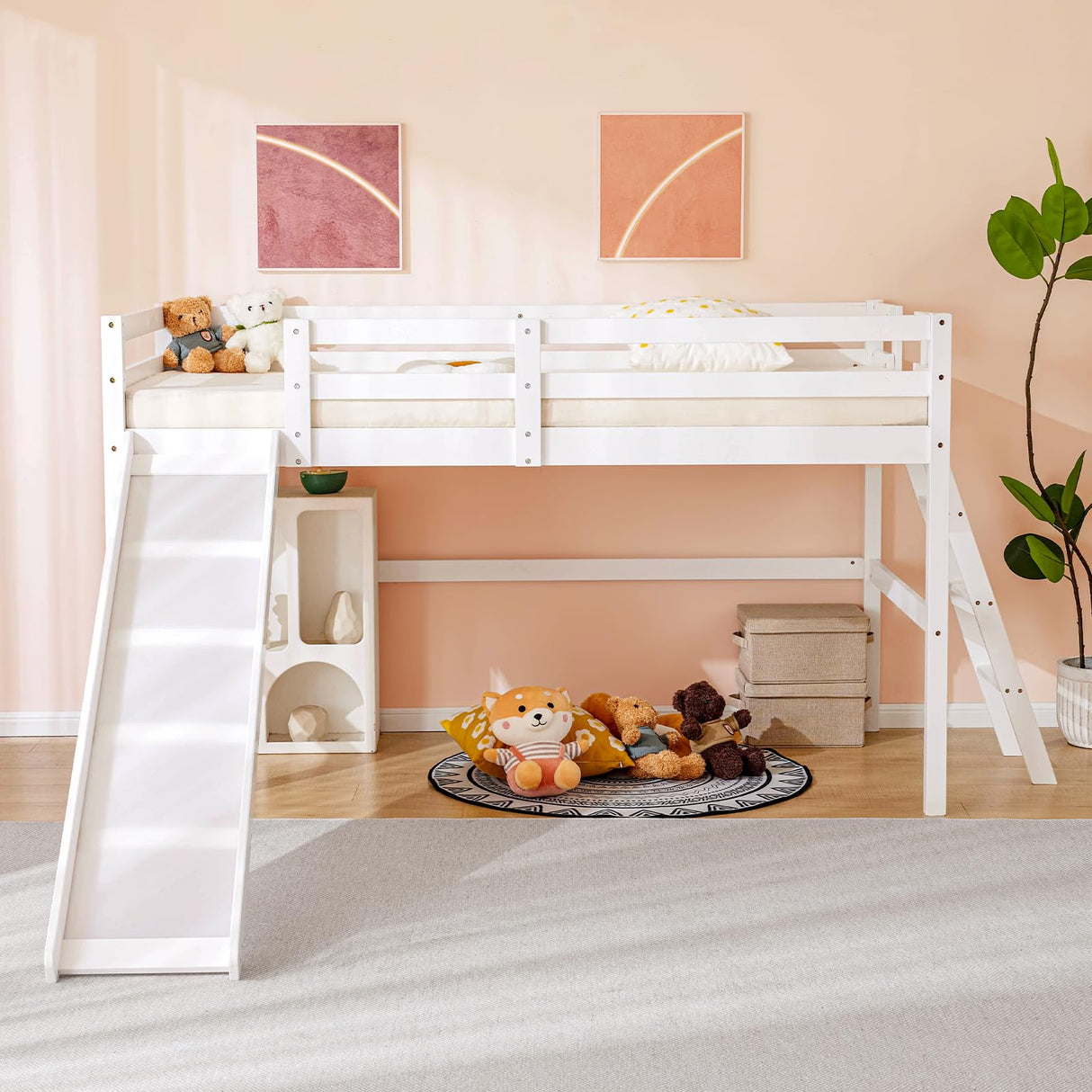 VINGLI Loft Bed with Slide, Twin, Space Saving Kids Low Loft Bed with Guardrail and Ladder, Pine Wood and Sturdy Bed Frame for Boys and Girls, White VINGLI