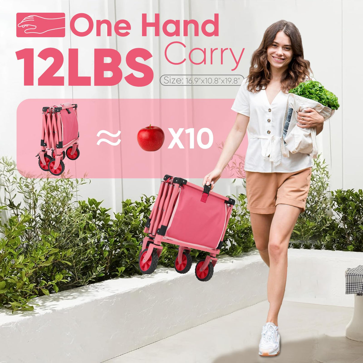 Sekey Collapsible Wagon Cart Foldable with 220LBS Weight Capacity, Lightweight Portable Folding Grocery Shopping Cart with Wheels for Camping Sports Beach and Shopping.Barbie Pink Sekey