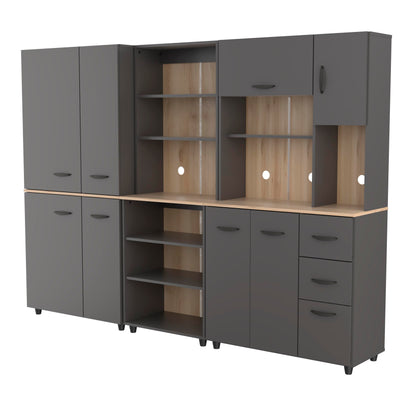 Inval Proforte 3-Piece Garage Storage Cabinet Set with 1 Large 4-Door Cabinet, 3-Drawer Cabinet, and 6-Shelf Cabinet, Dark Gray/Maple - WoodArtSupply