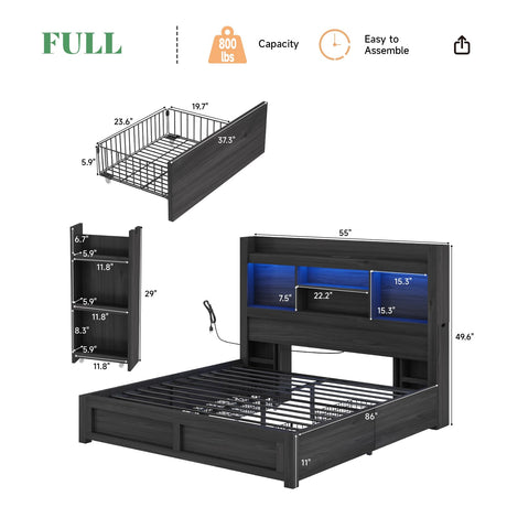 AMERLIFE Full Size Bed Frame with 4 Storage Drawers, LED Bed Frame with 49.6" Tall Bookcase Headboard, Wood Platform Bed with Charging Station & 2 Slide Bedside Shelf, No Box Spring Needed/Black AMERLIFE