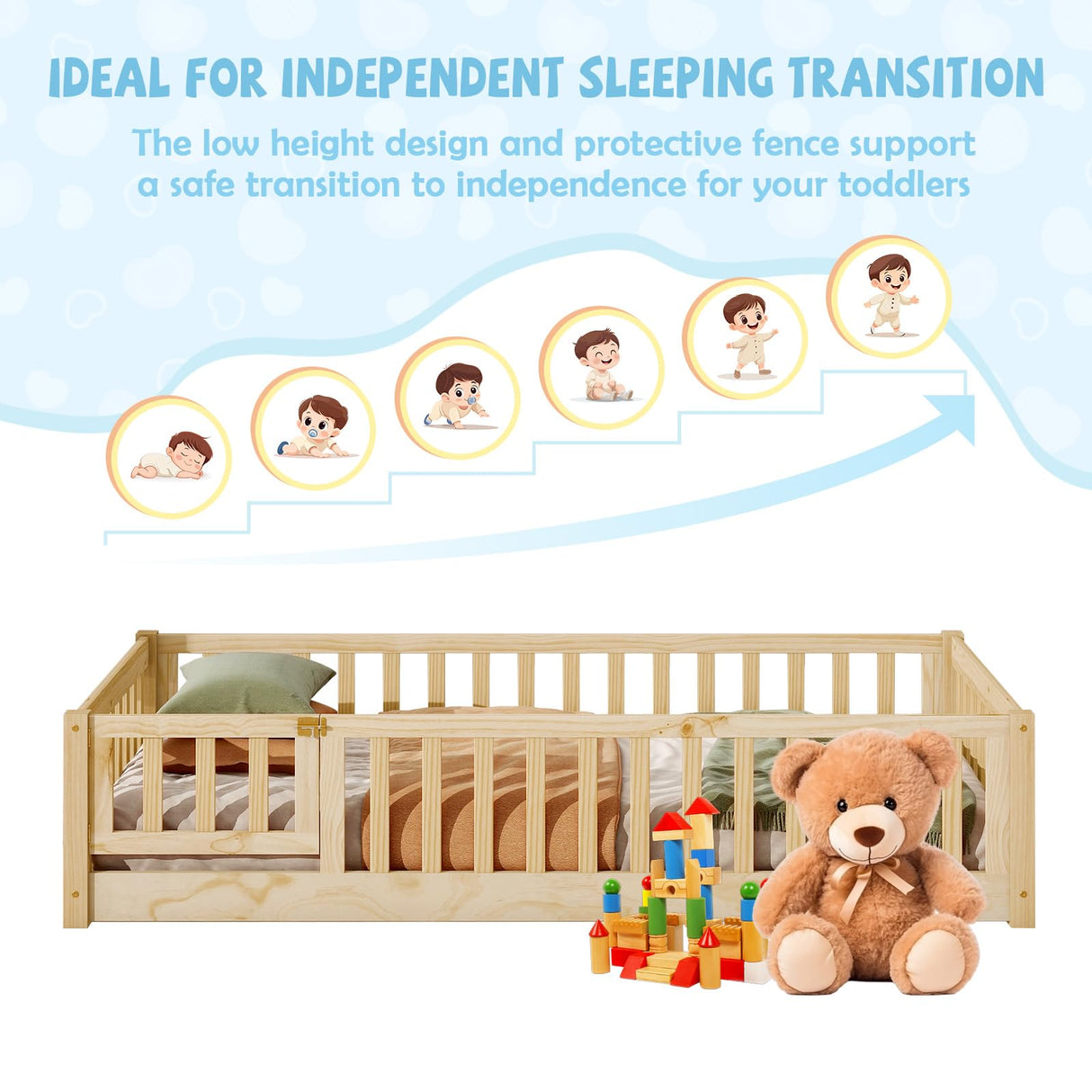 A ALFRESCOOL Full Size Montessori Floor Bed with Safety Fence & Convertible Door, Pine Wood Toddler Floor Bed Frame with Support Slats and Full-Length Guardrails for Kids Girls Boys (Natural) A ALFRESCOOL