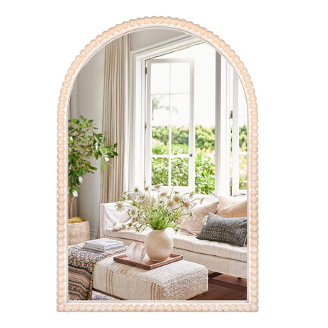 Varsoul Arch Wall Mirror Wooden Framed 24"x36" with White Wooden Beads, Modern Rustic Distressed Hanging Wall Mirror for Entryway, Living Room or Bedroom Home Decor Varsoul