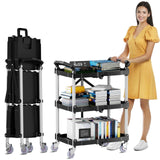 Foldable Rolling Book Cart, 3 Tier Folding Utility Service Carts with Wheels Lockable Handles for Women No Assembly Storage School Restaurant Warehouse Garage 180LBS Capacity Sturdon