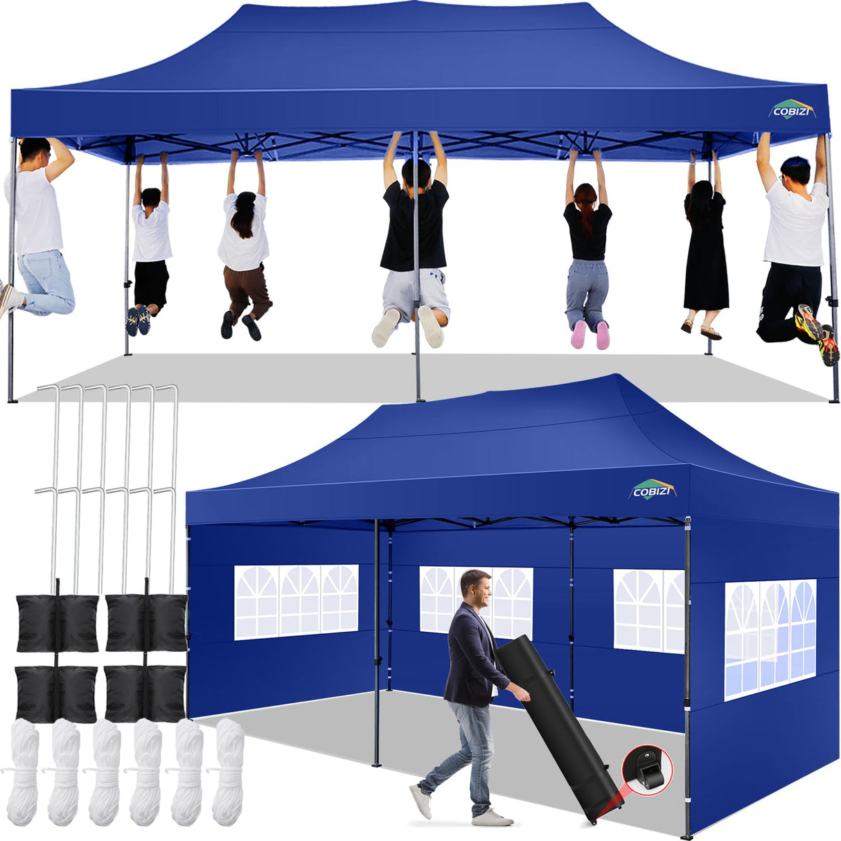 COBIZI 10x20 Pop up Canopy Tent 10x20 Canopy with 6 Sidewalls Waterproof Heavy Duty Commercial Canopy Tent for Parties Outdoor Tent Garden Gazebo Tent, Carry Bag with Wheel(10x20ft, Dark Blue) COBIZI