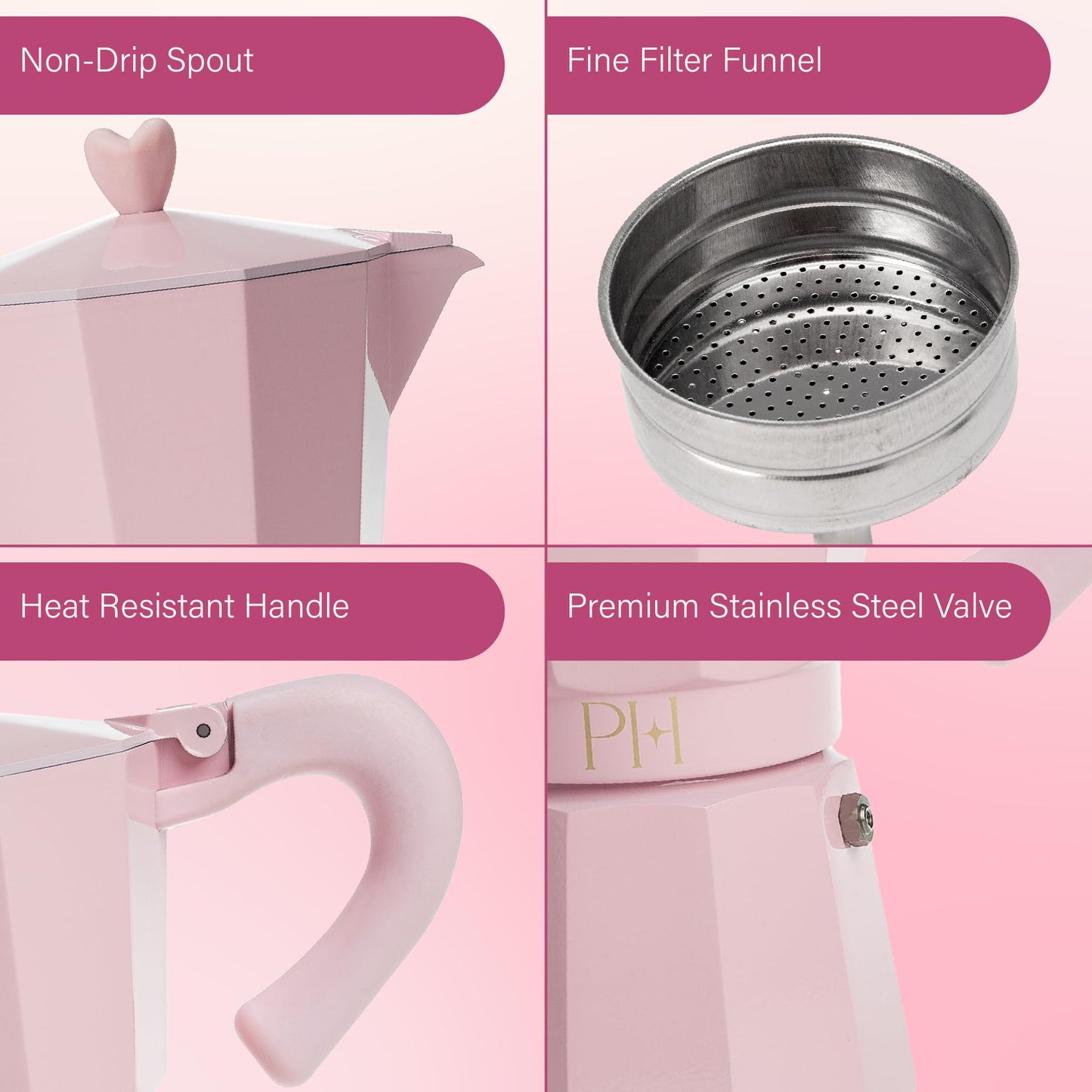 Paris Hilton Stovetop Espresso and Coffee Maker, Italian & Cuban Style Coffee Pot with Iconic Heart Knob, Perfect for Rich Aromatic Espresso, Makes up to 6 Espresso Cups, Pink