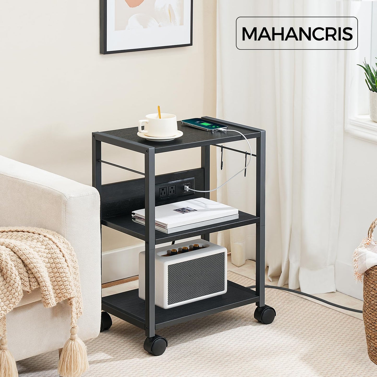 MAHANCRIS Industrial Printer Cart, 3-Tier Mobile Printer Stand, Rolling Cart with Power Outlets and USB Ports, Home Printer Stand with 2 Hooks, for Office, Living Room, Black PTHB40E01 - WoodArtSupply