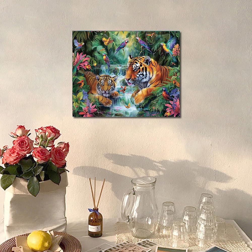 King of the Forest Paint by Numbers Two Tigers DIY Painting by Number on Canvas Waterfalls and Parrots Painting with Brushes Acrylic Paints for Adults and Beginner Home Decor 16x20 Inch（Without Frame） MSTINGSHUN