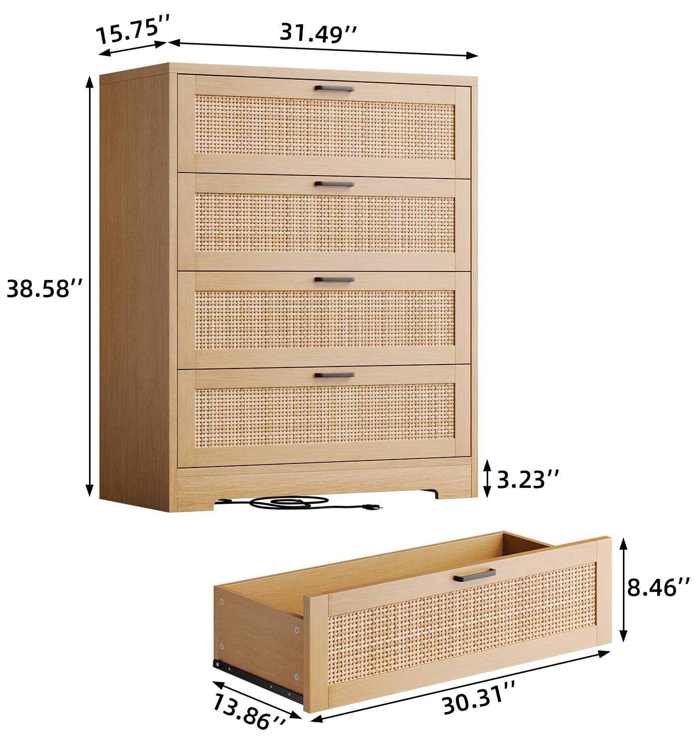 GarveeHome 4 Drawer Dresser Rattan Dresser, Tall Chest of Drawers, Wood Dresser for Bedroom, Closet, Living Room, Hallway