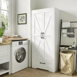 NOVAMAISON Farmhouse Kitchen Pantry Cabinet - 72” Tall Storage Cabinet w/Barn Doors & Adjustable Shelves & Drawer, White Cabinet Freestanding Wood Storage Cabinet for Kitchen, Dining Room, Bathroom NOVAMAISON