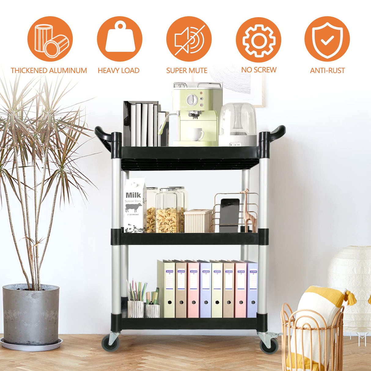 Utility Carts with Wheels,3-Tier Rolling Cart with Wheels, Heavy Duty 510 LBS Food Service Cart with Rubber Pad and Hammer for Kitchen/Office/Warehouse, 31.5" X 16.9" X 38.9"(Black) SFESGRER