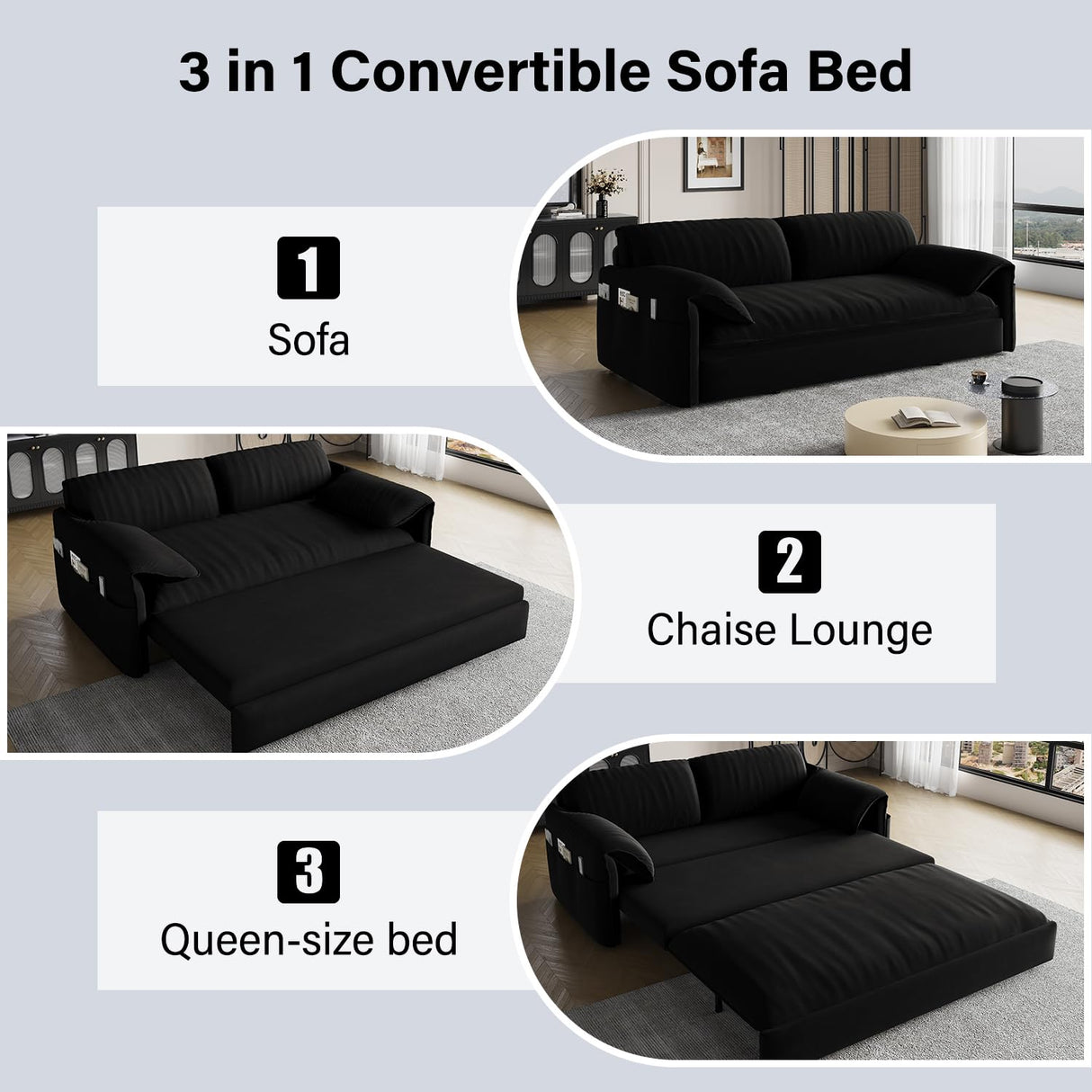 Winterstorm 62" Queen Pull Out Futon Sofa Bed with USB Ports, 3-in-1 Modern Convertible Sleeper Sofa with Side Pocket, Comfy Velvet Loveseat Couch for Living Room Bedroom Apartment (Queen, Black) Winterstorm