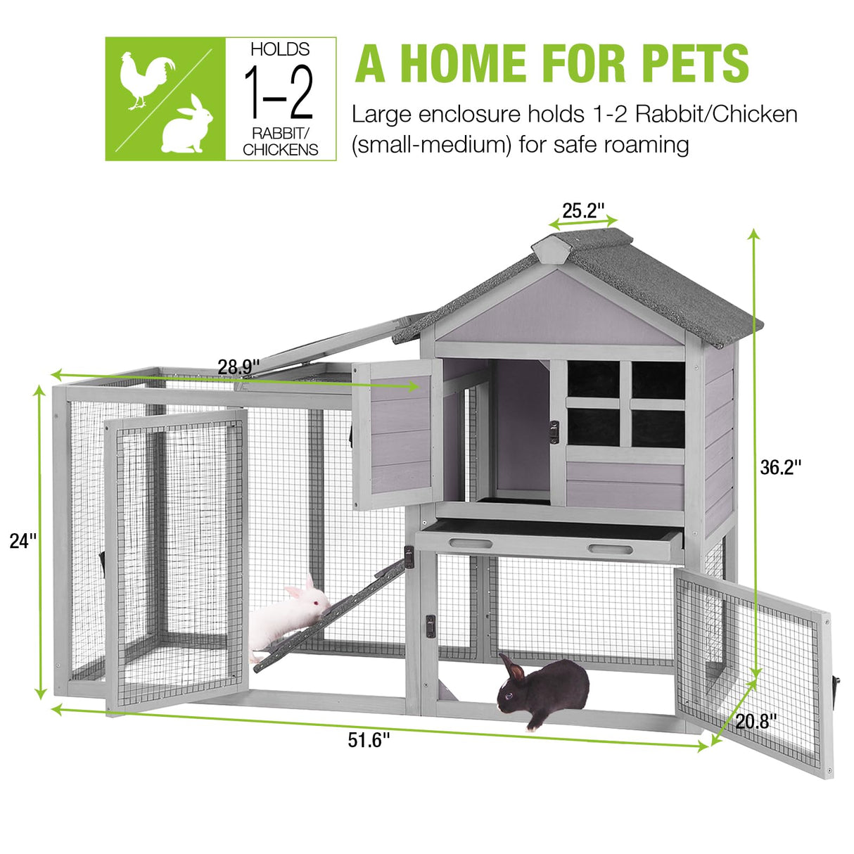 GUTINNEEN Rabbit Hutch Chicken Coop Expandable Indoor Bunny Cage Outdoor Guinea Pig Cage with Run 51.6" L GUTINNEEN