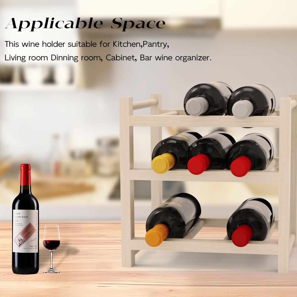 Solid Wood Wine Rack, HUTTEN 9-Bottle 3-Tier Wine Rack, Sturdy & Durable Wine Storage Cabinet Shelf, Wine Racks Countertop for Kitchen,Countertop,Table Top,Pantry, Home,Room Decor,Bar,Cellar Basement Haihomebest