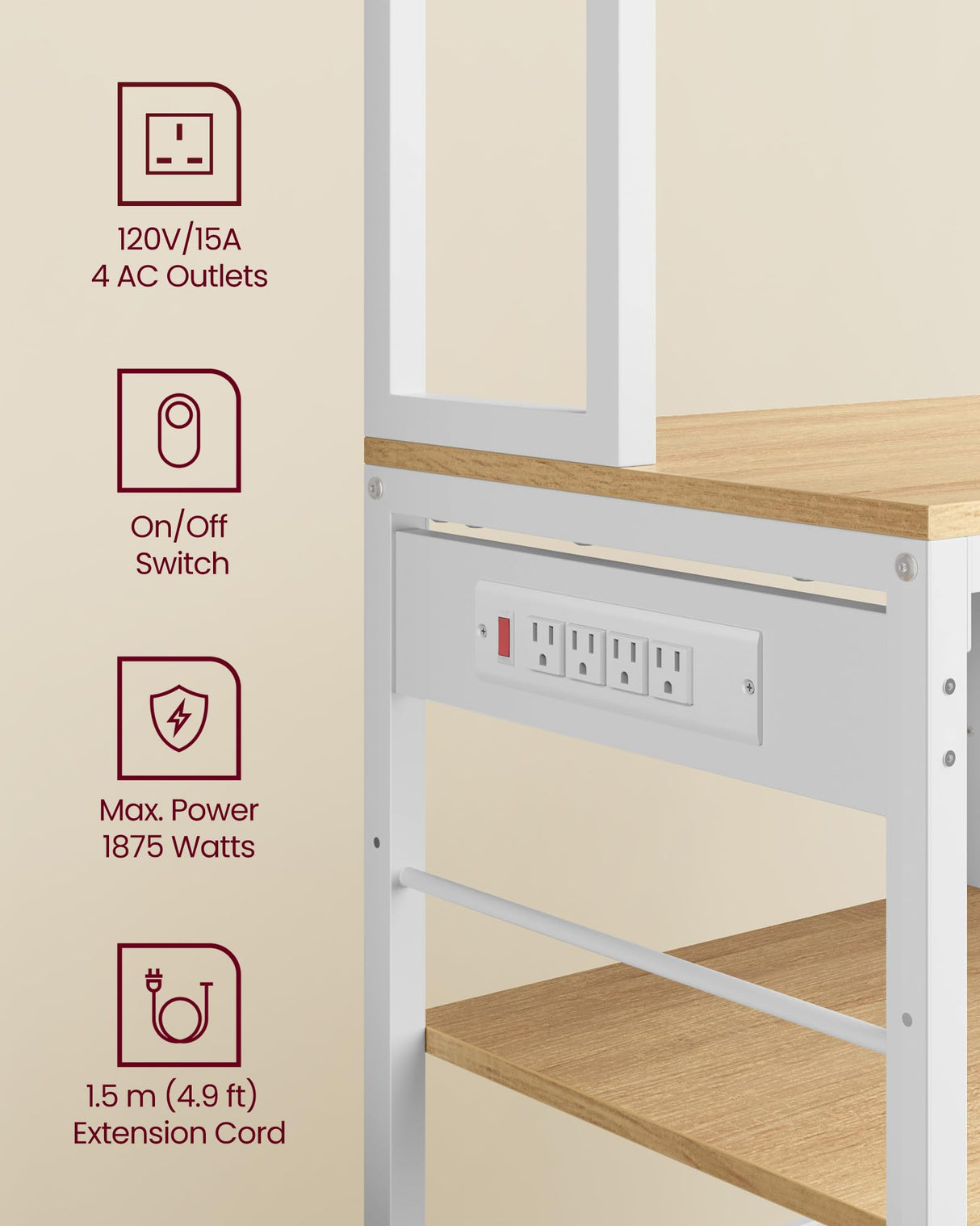 VASAGLE Bakers Rack with Charging Station, Coffee Bar with Adjustable Storage Shelves, Fabric Drawer, 12 Hooks, 15.7 x 39.4 x 71 Inches, Kitchen Microwave Stand, Golden Oak and Cloud White UKKS027Y01 VASAGLE
