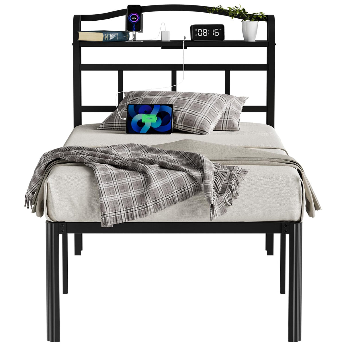 YORMDMO Twin Bed Frame - Storage Headboard with Charging Station, Easy Assembly, Heavy Duty Metal Bed Frame, No Box Spring Needed, 18 Inch, Black YORMDMO