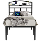 YORMDMO Twin Bed Frame - Storage Headboard with Charging Station, Easy Assembly, Heavy Duty Metal Bed Frame, No Box Spring Needed, 18 Inch, Black YORMDMO