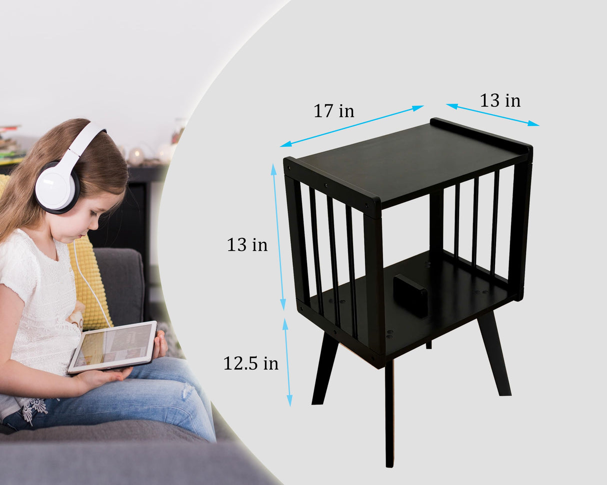 AF28 Record Player Stand Stores up to 100 LP Albums. Vinyl Record Display Holder for Living Room Bedroom, Turntable Stand, Record Player Table, End Table Made of 100% Natural Solid Wood (Black) AF28