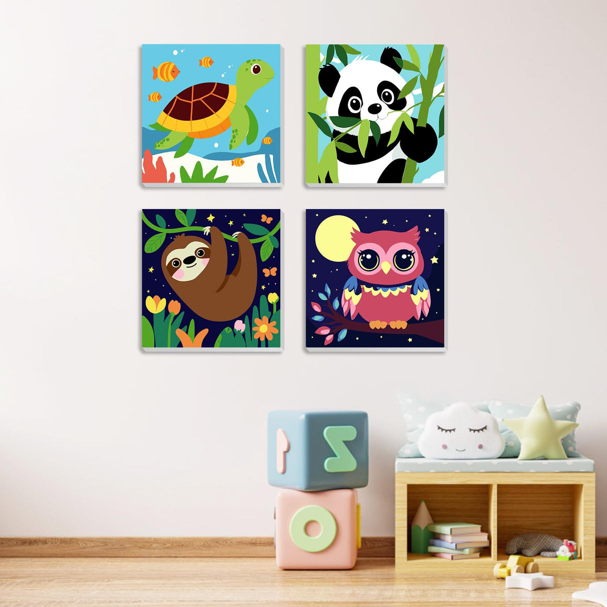 MXJSUA 4 Pack Framed Canvas Paint by Numbers for Kids Adults, Cute Pandas Paint by Numbers Kit for Children Beginners, DIY Acrylic Painting Craft Kits for Home Wall Decor, 8x8 inch MXJSUA