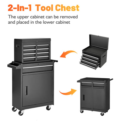 Tool Chest, 5-Drawer Rolling Tool Storage Cabinet with Detachable Top Tool Box, Liner, Universal Lockable Wheels, Adjustable Shelf, Locking Mechanism, Metal Tool Cart for Garage Workshop (Bla - WoodArtSupply