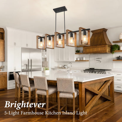 53’’ Farmhouse Kitchen Island Lighting, 5-Light Adjustable Dining Room Light Fixtures, Rustic Wood Chandeliers Black Hanging Light Fixtures for Kitchen, Pool Table Lights, Bulbs Not Included - WoodArtSupply