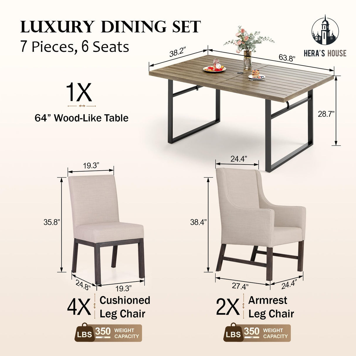 HERA'S HOUSE 7-Piece Indoor/Outdoor Dining Set for 6-64" Rust-Resistant Metal Table & 4.7" Cushioned Chairs, All-Weather Patio and Dining Room Furniture for Deck Kitchen Garden Backyard HERA'S HOUSE