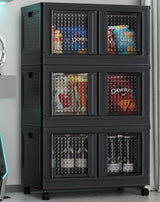 BROVIEW 240Qt Stackable Storage Bins with Lids, 60Gal Plastic Collapsible Storage Bins with Doors and Wheels, Closet Organizers and Storage, Black Folding Storage Cabinet for Home Garage, 3 Pack Cube BROVIEW