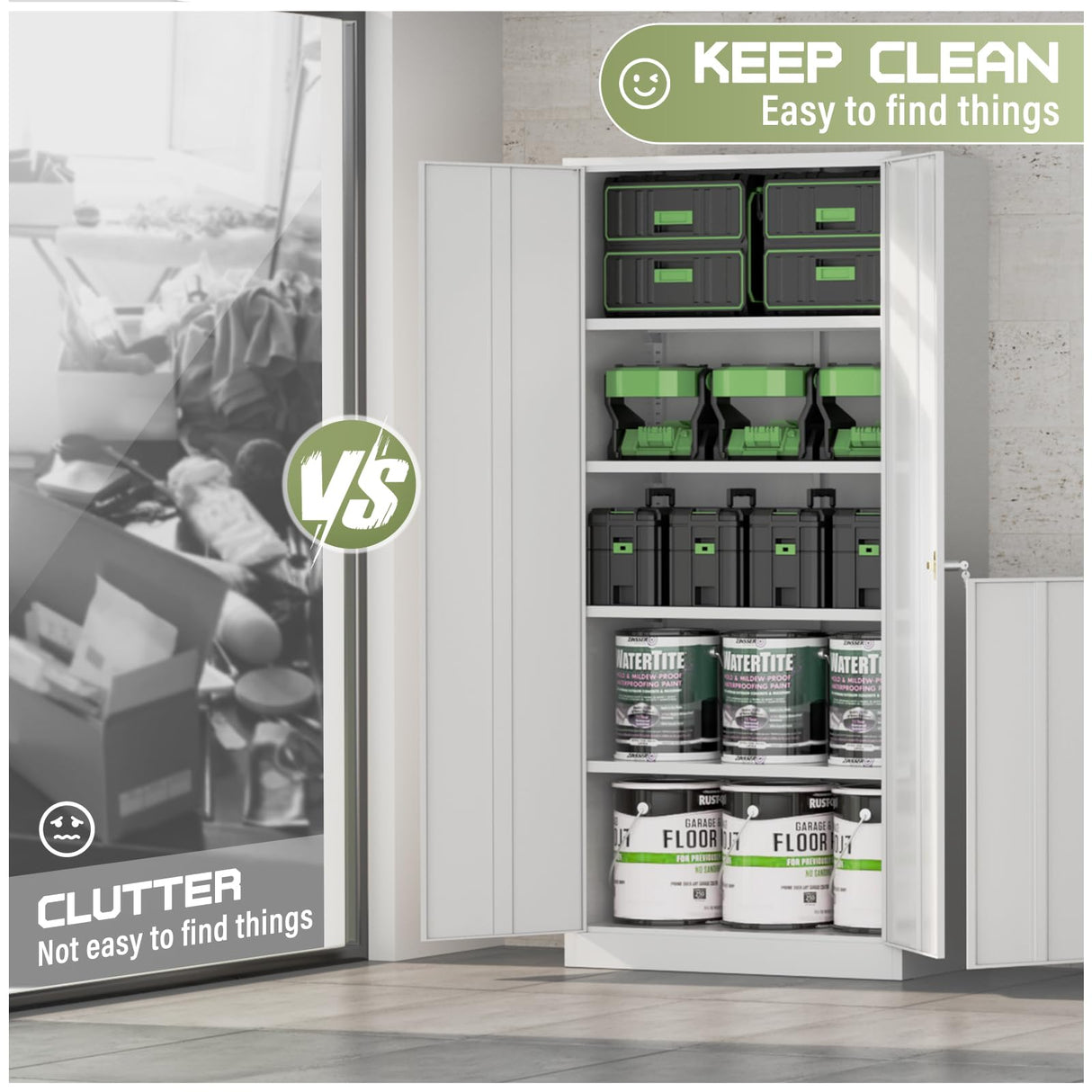 SUNCROWN 72" Metal Storage Cabinet - Heavy-Duty Metal Garage Cabinet with 4 Adjustable Shelves & 2 Doors for Tools, Office, Home, Workshop,White SUNCROWN