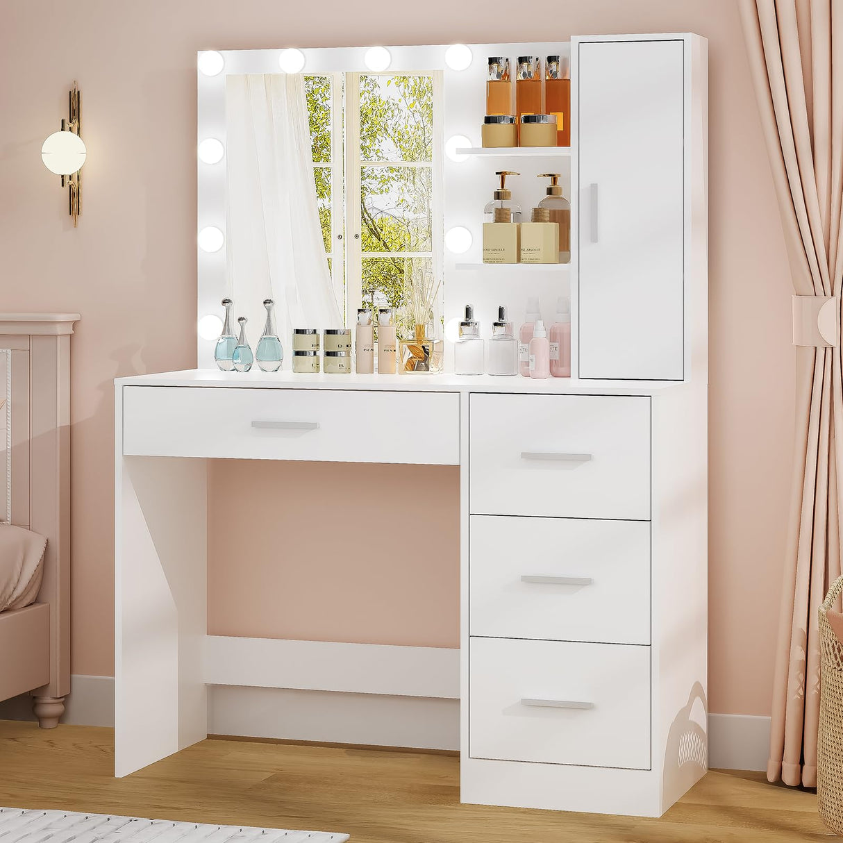 usikey Makeup Vanity with Lights, Vanity Desk with Mirror and 10 LED Lights, Vanity Table Set with 4 Drawers, Cabinet & 4 Necklace Hooks, Dressing Table for Bedroom, White usikey