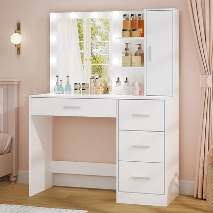 usikey Makeup Vanity with Lights, Vanity Desk with Mirror and 10 LED Lights, Vanity Table Set with 4 Drawers, Cabinet & 4 Necklace Hooks, Dressing Table for Bedroom, White - WoodArtSupply