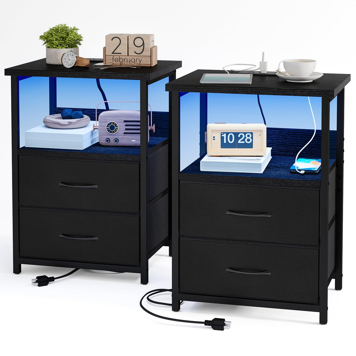Fixwal Nightstand Set of 2 Night Stand with Charging Station, LED Nightstand with Fabric Drawers, End Table with PU Finish, Bed Side Table, Black Fixwal