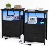 Fixwal Nightstand Set of 2 Night Stand with Charging Station, LED Nightstand with Fabric Drawers, End Table with PU Finish, Bed Side Table, Black Fixwal