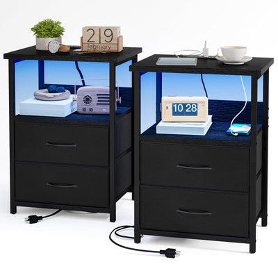 Fixwal Nightstand Set of 2 Night Stand with Charging Station, LED Nightstand with Fabric Drawers, End Table with PU Finish, Bed Side Table, Black